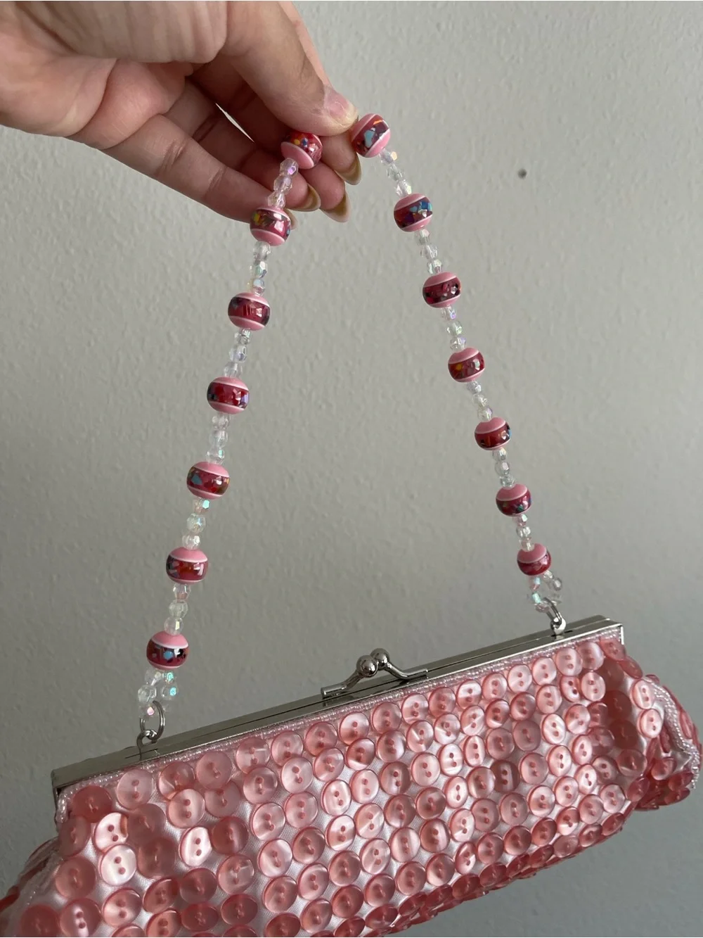 Pink Sequin Beaded Handle Evening Clutch